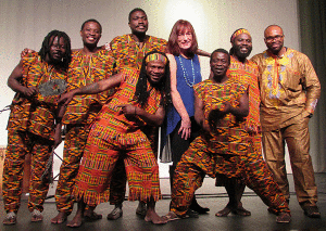 After their public performance that included participation by students, members of the Akwaaba Ensemble pose with Gertrude and, far right, Dr. Kingsley Kabari.
