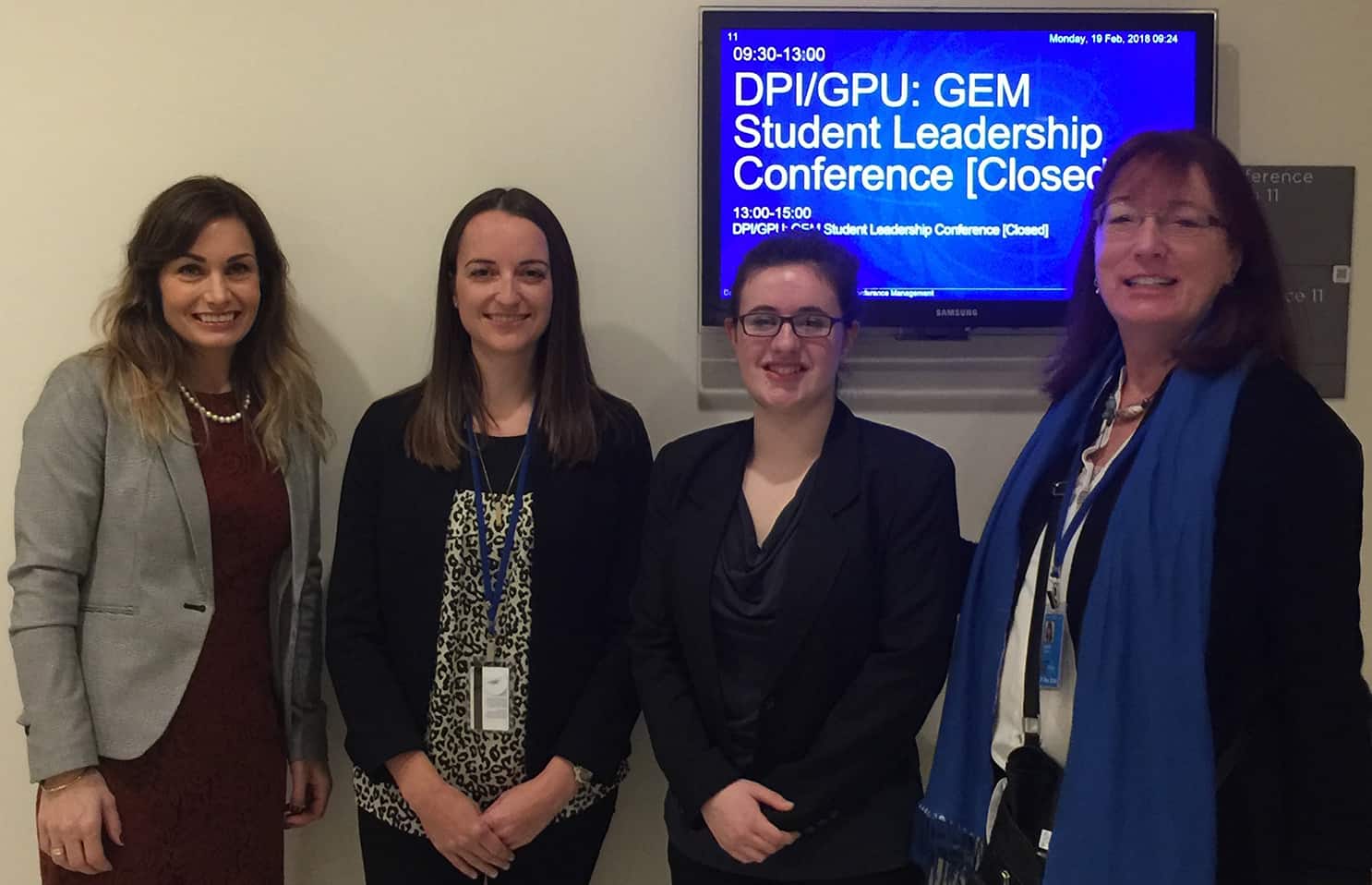 Jane George (left), Antje Waterman (representative from the UN Department of Public Information), Georgia Mechalke, and Gertrude outside the conference room. Georgia had been elected to co-chair the day’s sessions.